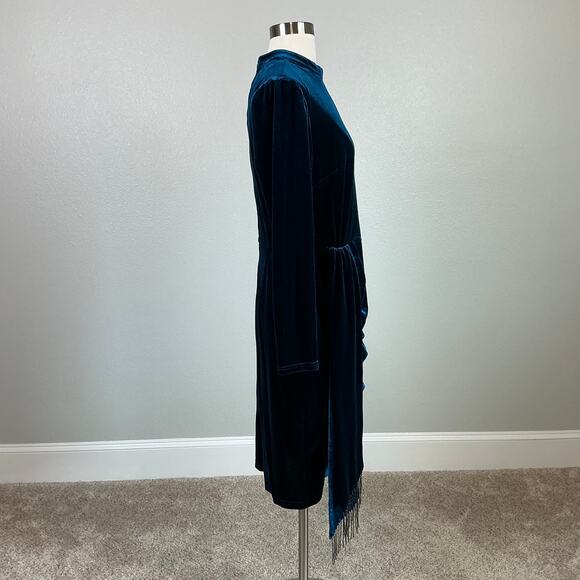 Tahari ASL Long Sleeve Velvet Sheath Cocktail Dress Blue Size 16 Beaded Sash - Picture 3 of 15